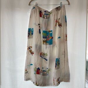 HOT COTTON Vintage Whimsical Colorful Fun Vacation Linen Straight Midi Skirt L